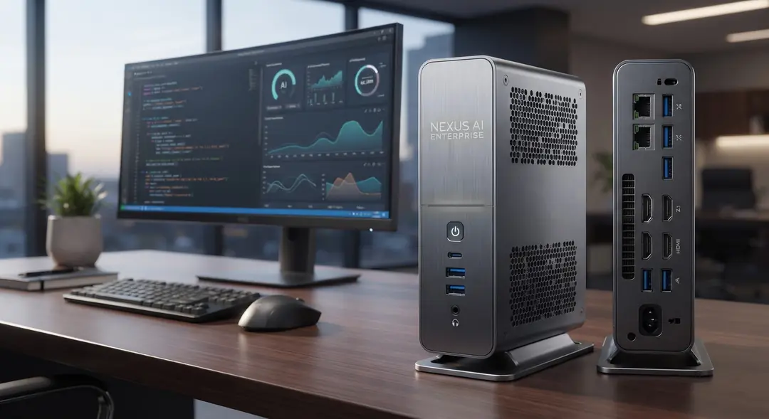 La tour Nexus AI Enterprise, en aluminium brossé avec un logo cyan lumineux, posée sur un bureau à côté d’un écran de tableaux de bord, au crépuscule.