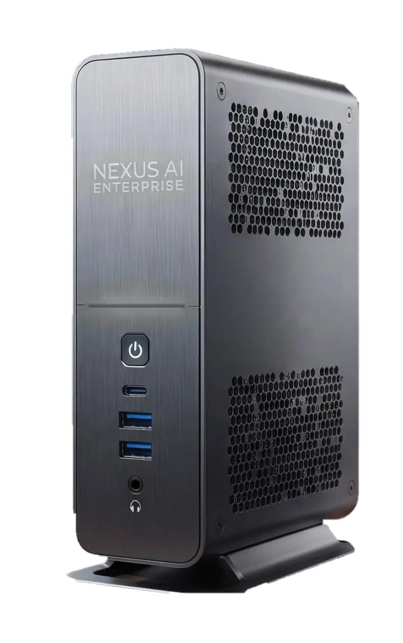 La tour Nexus AI Enterprise : aluminium brossé, logo et barre lumineuse cyan.